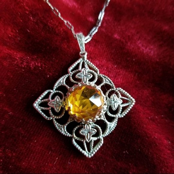 Vintage Jewelry - Vintage necklace yellow glass art deco silver tone filigree jewelry